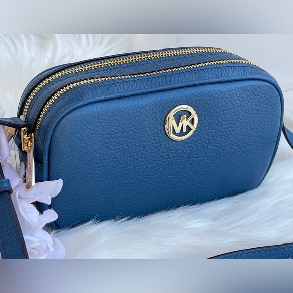 Michael Kors Blue Pebbled Leather Double Zip Crossbody - Picture 3 of 11